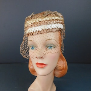 SALE Vintage Beige & White Straw Hat, Open Ring with Netting, 1960s 21 inch head