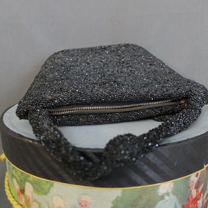 Vintage Black Beaded Evening Purse 1930s 1940s Sparkle Party Bag 8x6 inches image 10