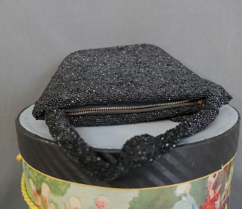 Vintage Black Beaded Evening Purse 1930s 1940s Sparkle Party Bag 8x6 inches image 10