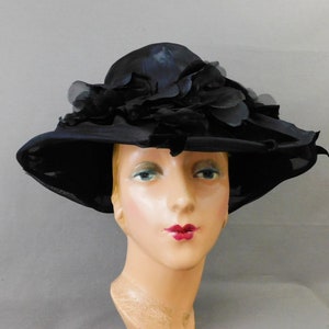 Vintage Sheer Black Organdy Hat With Wide Brim, 21 Inch Head 