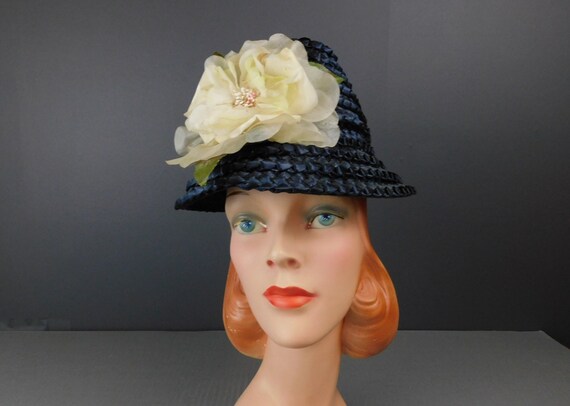 Vintage Tall Dark Blue Straw Hat with Ivory Flowe… - image 1