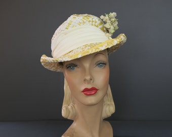 Vintage Yellow & White Straw Hat with Flowers, 1960s Mr. John, 21 inch head