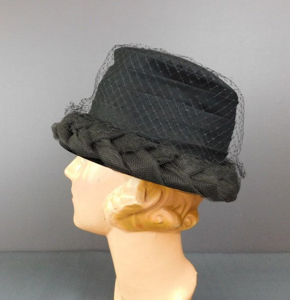 Vintage Black Chiffon and Braided Tulle Hat, 1960… - image 6