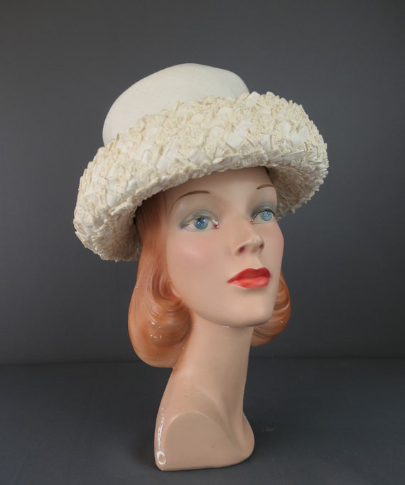 Vintage Ivory Straw & Fabric Hat with Curled Brim… - image 2
