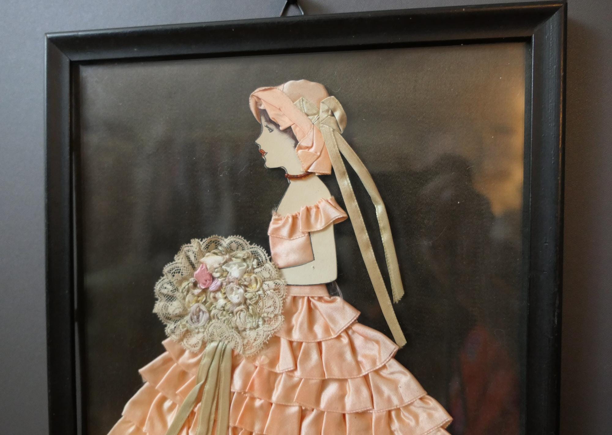 paper dolls rose lace dress Vintage 1930s Peach Ribbon Paper Doll Art - Framed Lace Bouquet