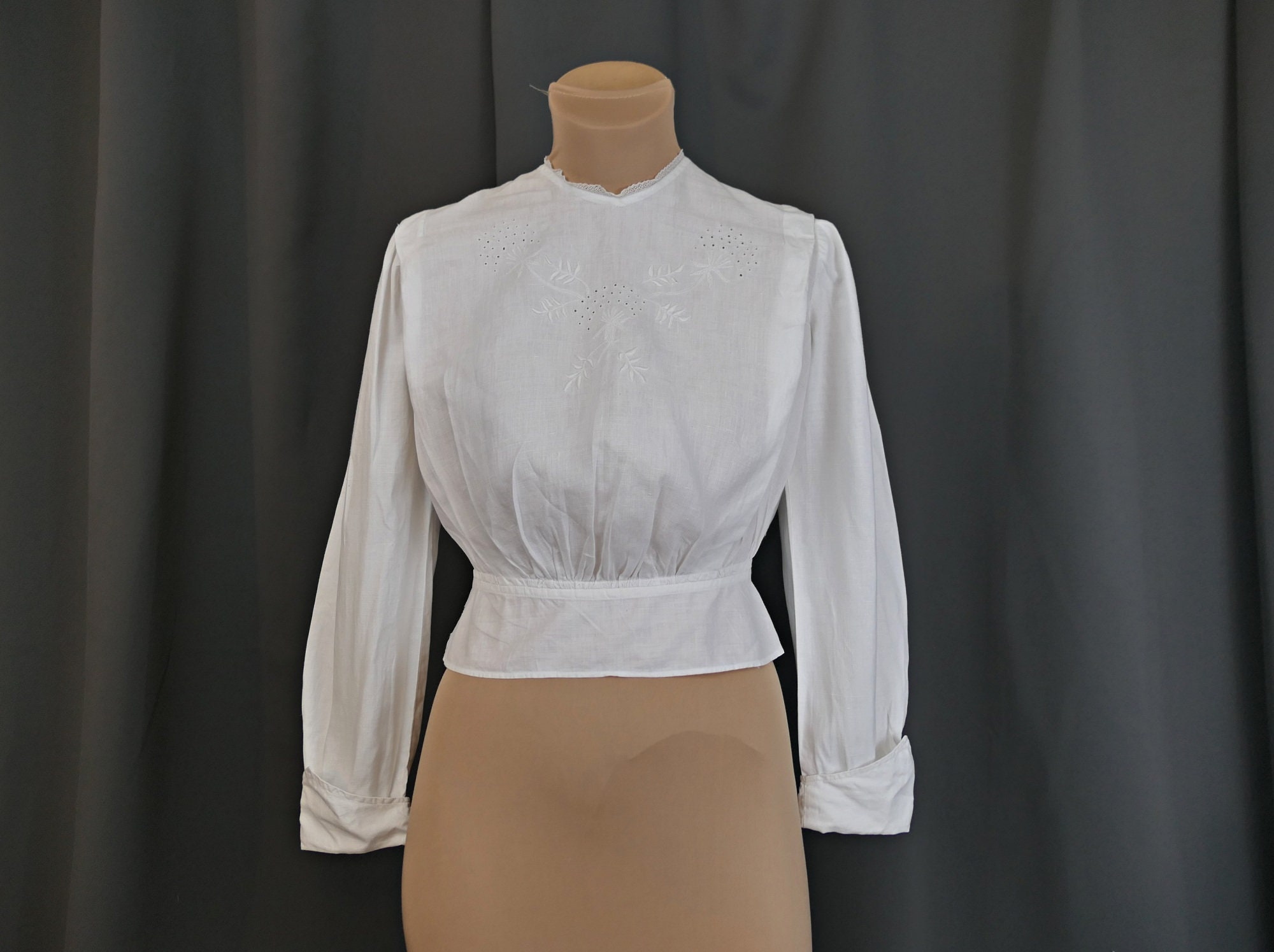 Vintage Edwardian Blouse, 32 bust, Embroidered White Cotton Lace