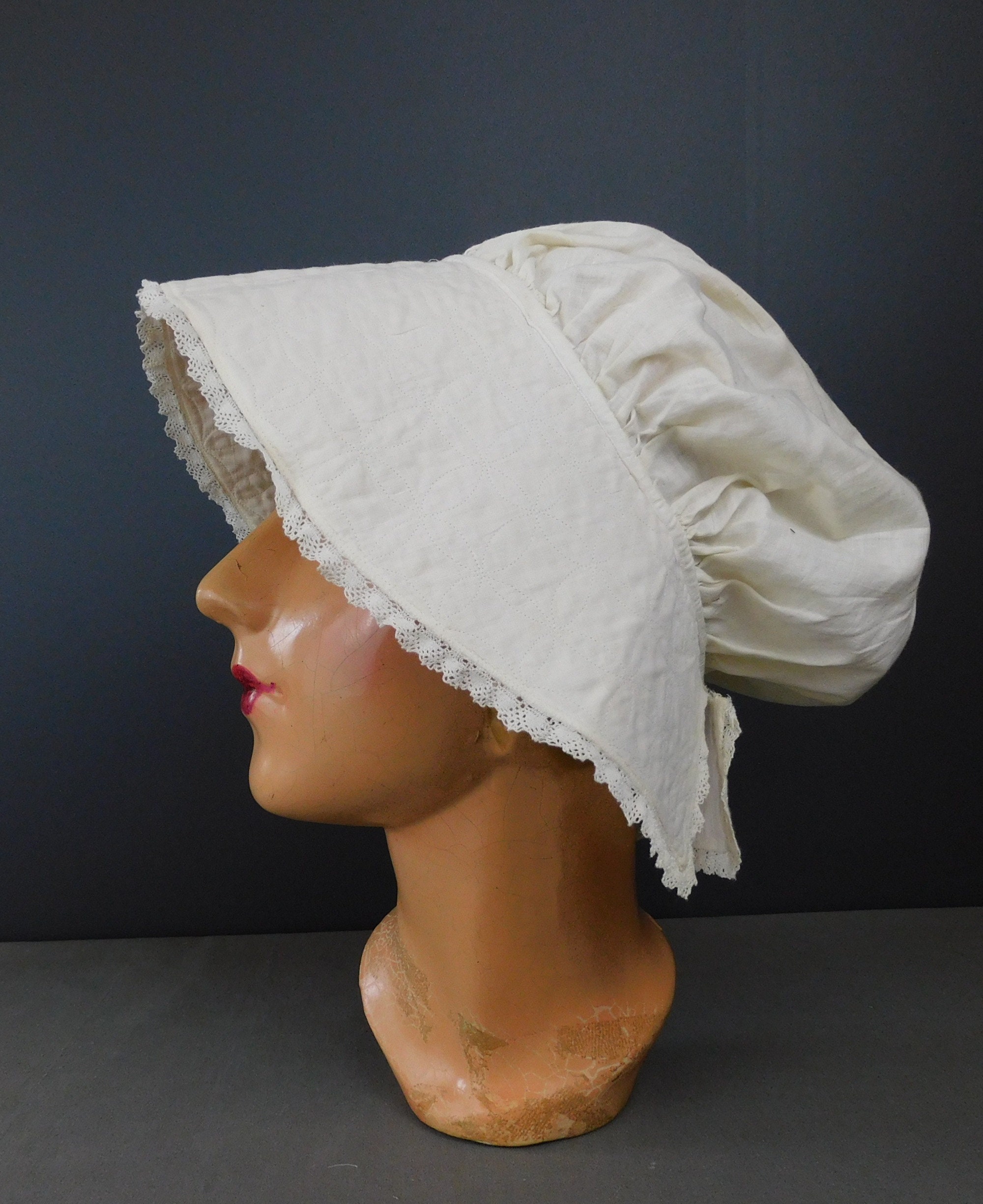 Antique Wide Brim Cotton Sun Work Bonnet, Edwardian 1900s, Quilted Brim, 21 to 23 inch Head