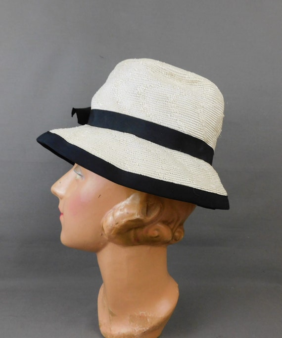 Vintage Ivory Straw Hat with Black Trim, Soft Bri… - image 6