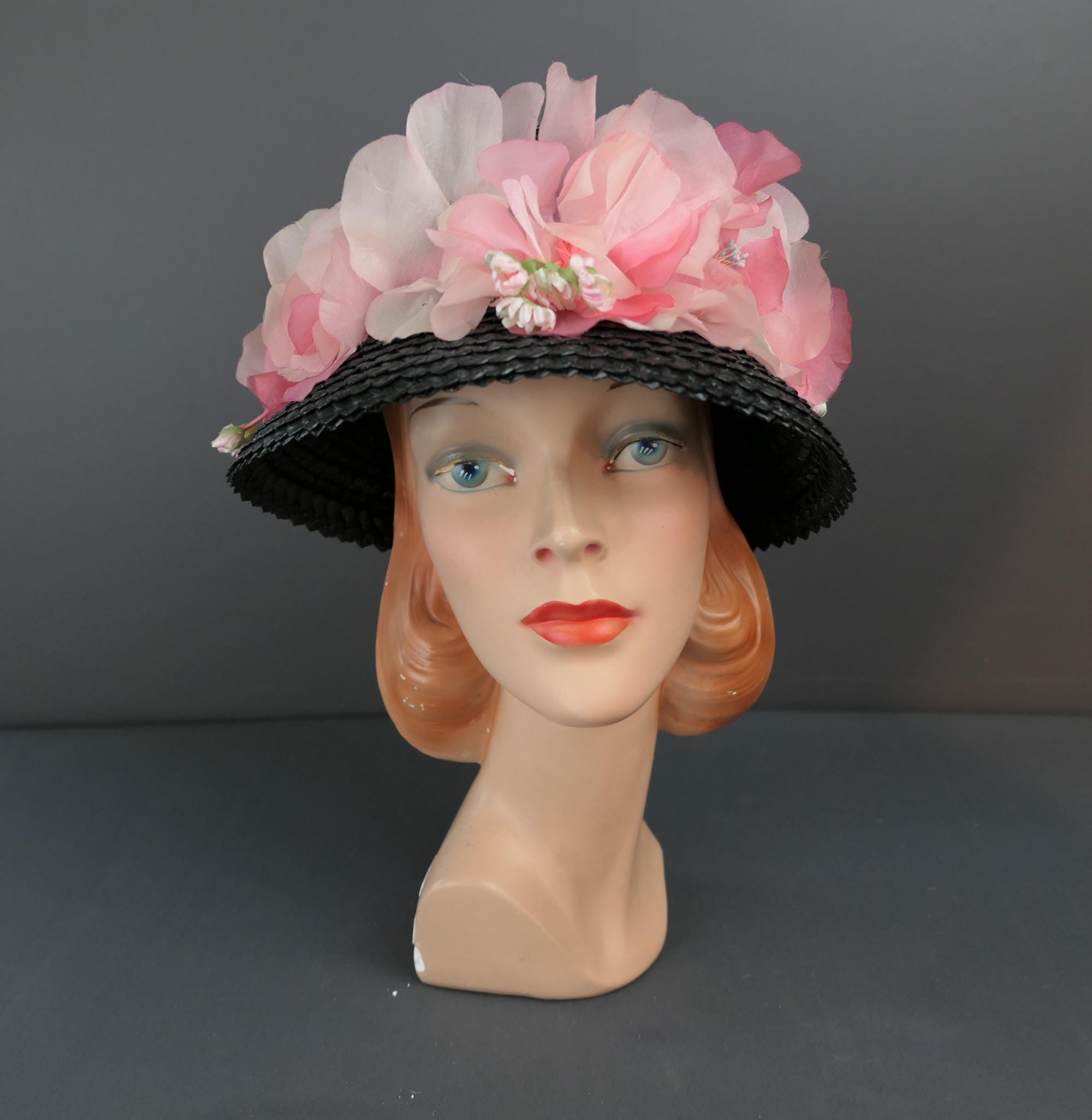 Vintage Black Straw Hat With Pink Flowers, 1960s, 22 Inch  display picture 3