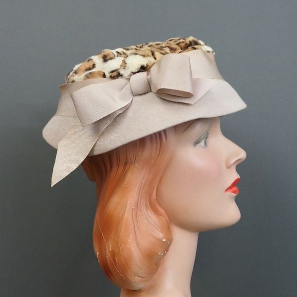 Vintage Taupe Felt and Leopard Print Hat, 1960s Mr. John Jr. with issues