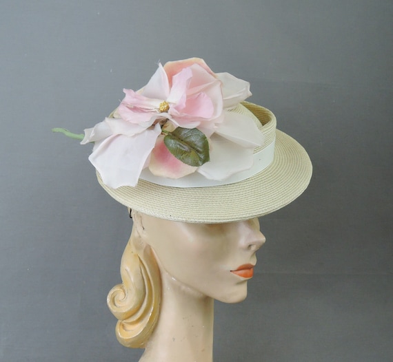 Vintage 1940s Floral Straw Tilt Hat Ivory & Pink,