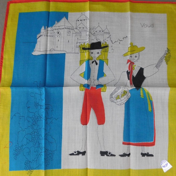 Vintage Novelty Print People Souvenir Hankie Vaud Switzerland, 1960s unused with label