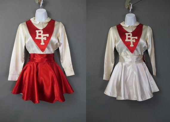 Vintage 1950s Majorette Uniform, Red & White Sati… - image 1