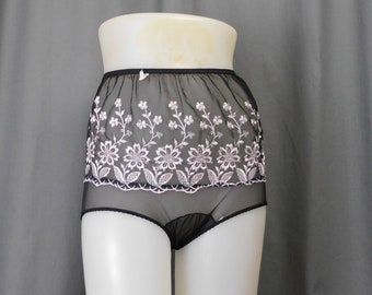 Vintage Sheer Black Nylon Panties with Embroidery, 1960s 26 waist