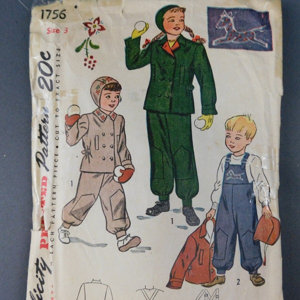 Vintage 1940s Boys and Girls Snowsuit and Hat Pattern, Simplicity 1756, 22 inch chest, used