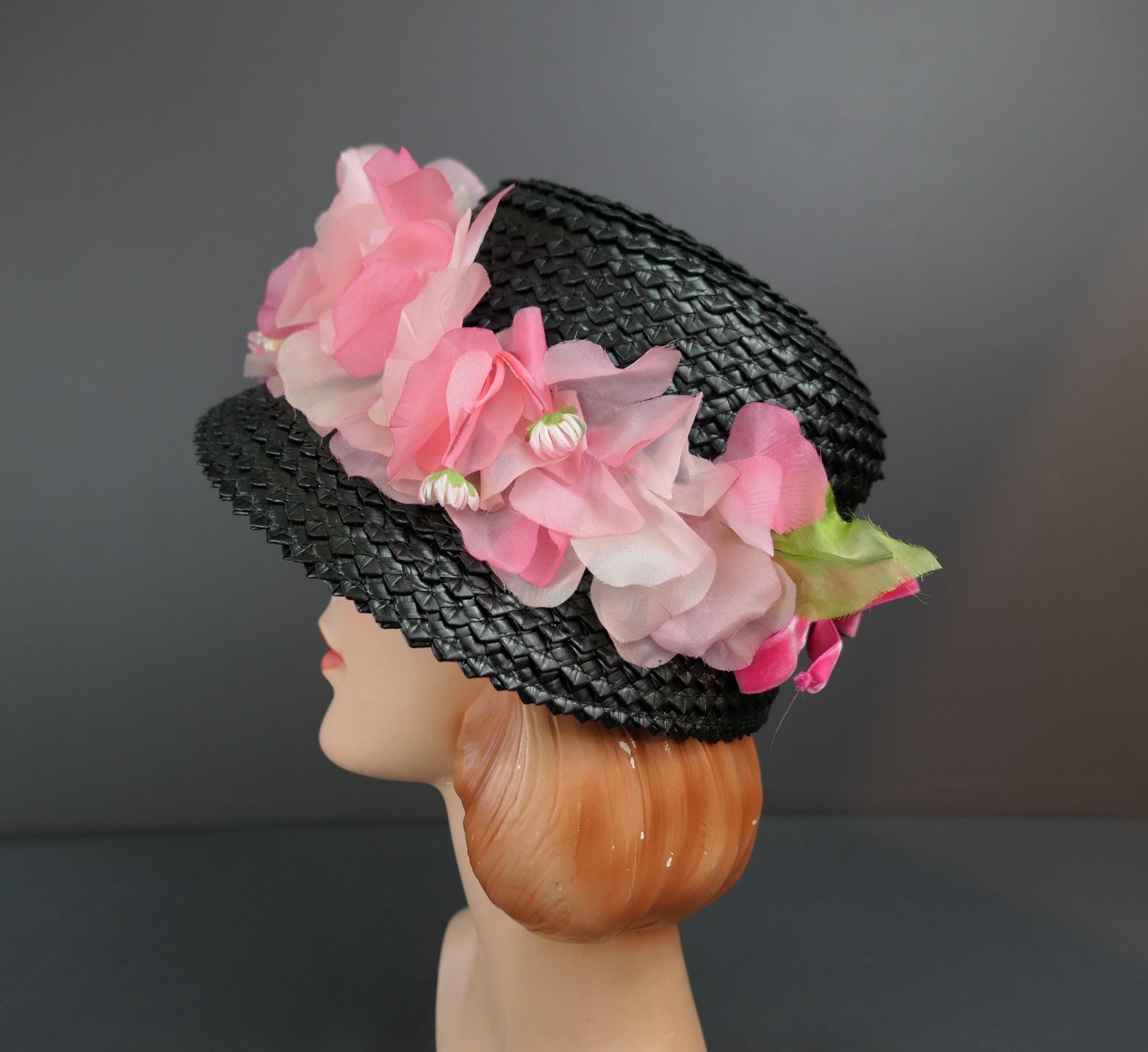 Vintage Black Straw Hat With Pink Flowers, 1960s, 22 Inch 