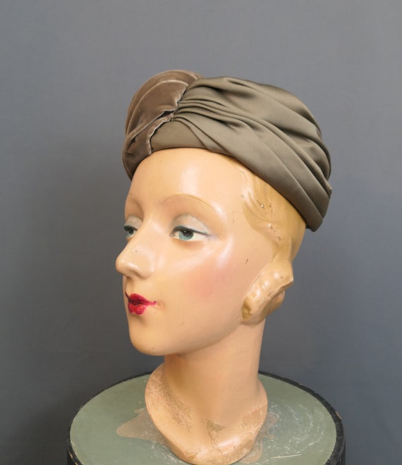 Vintage Velvet & Satin Hat, Light Brown Turban St… - image 6
