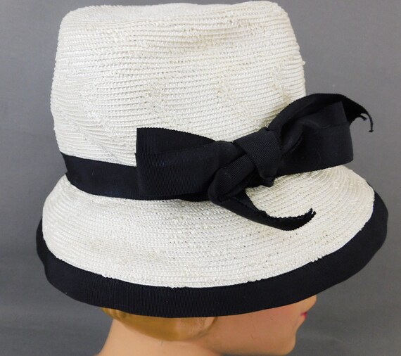 Vintage Ivory Straw Hat with Black Trim, Soft Bri… - image 4