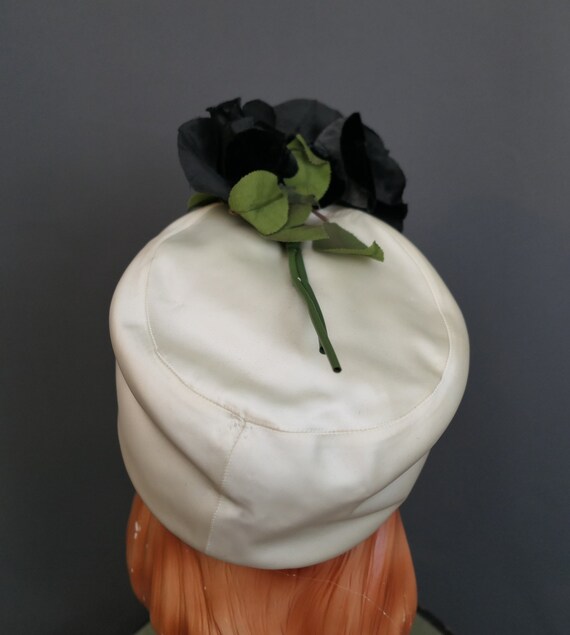 Vintage Ivory Satin Hat with Black Rose, Mr. John… - image 8