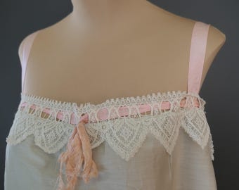 Vintage Pale Blue Flapper Lingerie Teddy with Lace & Pink Silk Ribbon, 1920s Boudoir