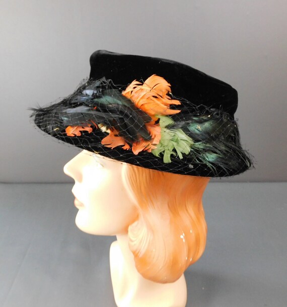 Vintage Black Velvet 1940s Hat with Black, Orange… - image 7