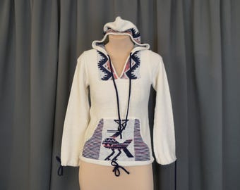 Vintage Hooded Wool Sweater with Bird and Geometric Design, 1980s XS, drawstring