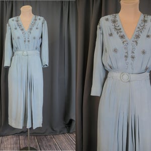 Vintage 1940s Beaded Dress Light Blue Grey Crepe, some issues fade, fits 36 inch bust