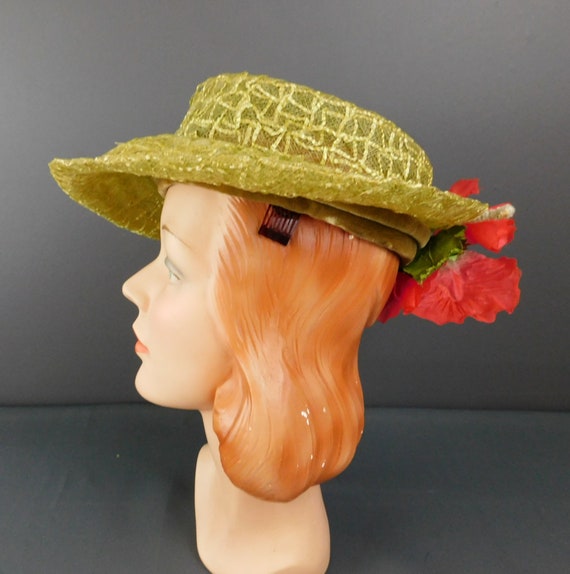 Vintage Sheer Green Raffia Hat with Large Back Fl… - image 7