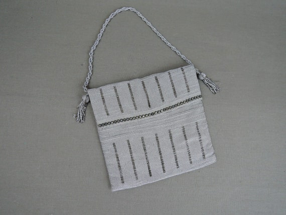 Vintage Antique Silver Beaded Purse 1920s with Rhi