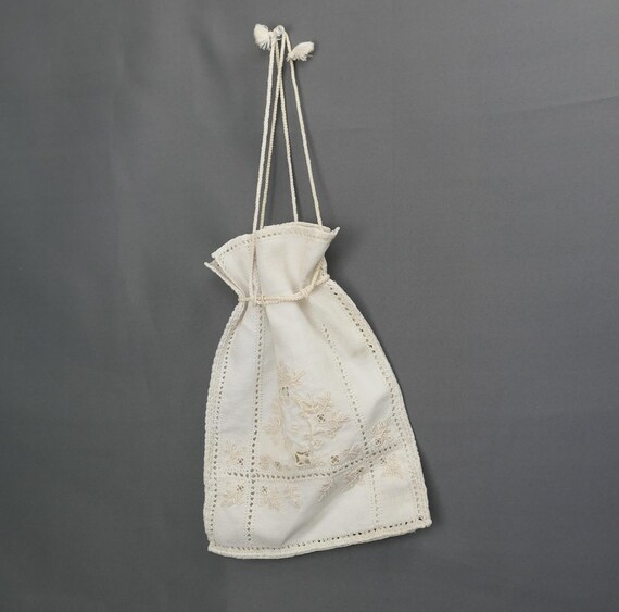 Antique Embroidered Linen Bag with Drawstring, Ed… - image 1