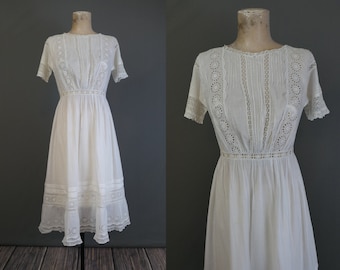 Edwardian Antique Dress, White Cotton Eyelet & Lace, 1900s 32 bust, Teen Junior size