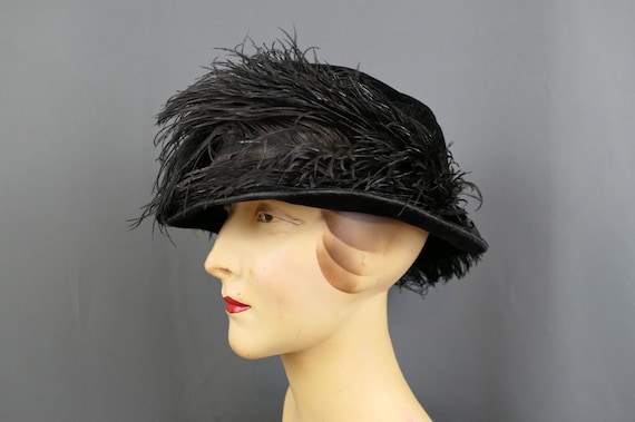 Antique Edwardian 1910s 1920s Hat Black Velvet Wi… - image 1