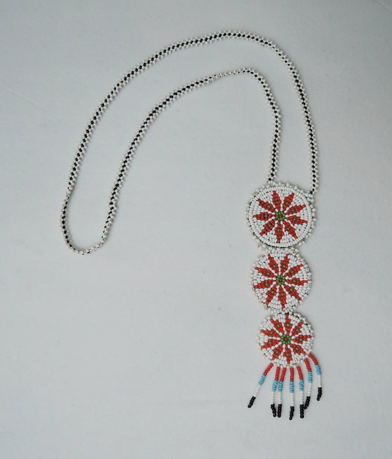Native American Hand Made Souvenir with leather back Vintage Beaded Necklace
