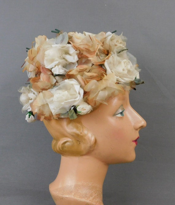 Vintage Ivory and Beige Floral Hat 1960s, Modern … - image 3