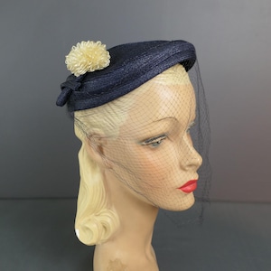 Vintage Dark Blue Straw Topper Hat with Straw Pom Pom and Veil, late 1940s