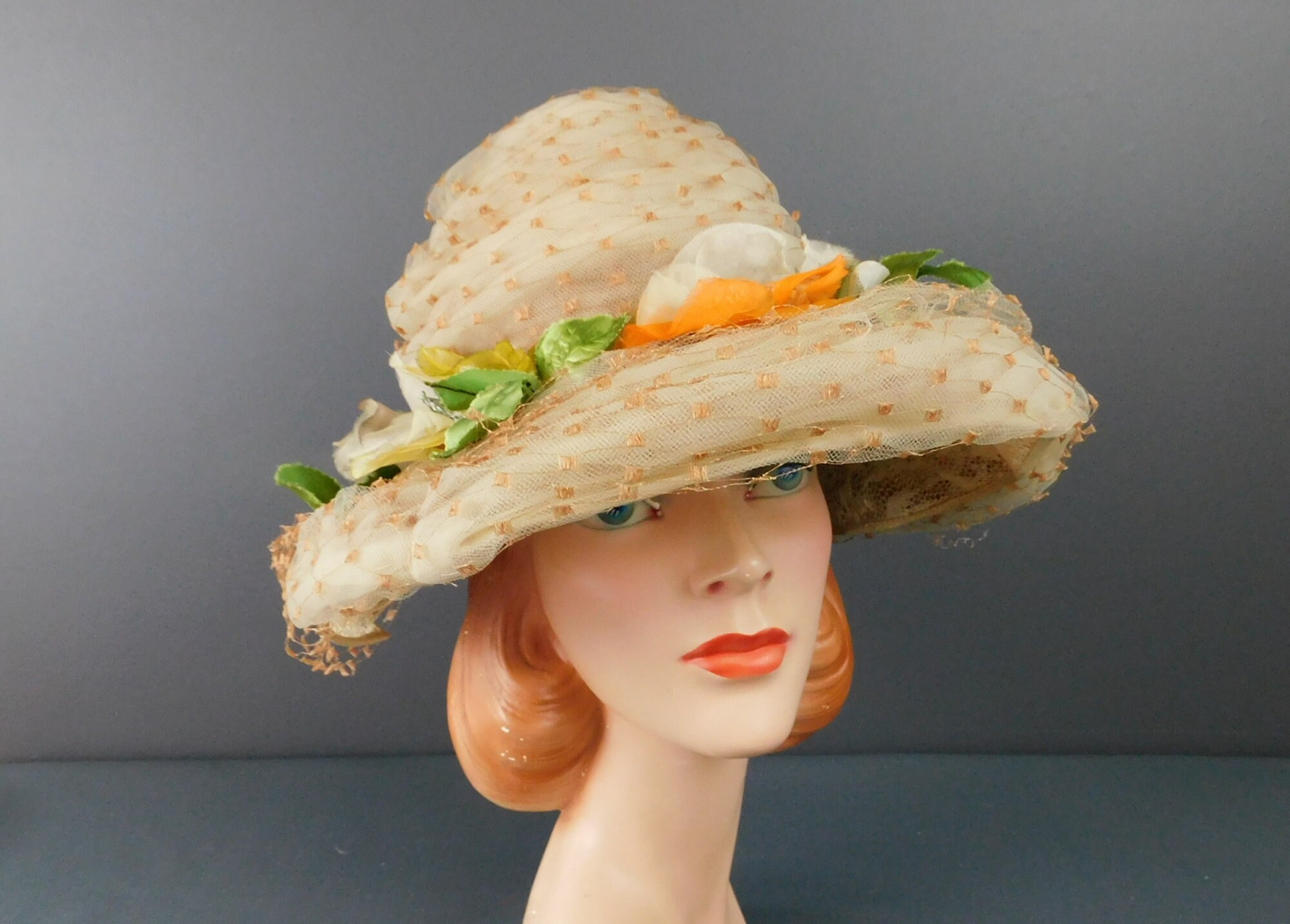 Vintage 1960s Henry Margu Floral Hat w Original La Vogue Box Vintage 1960s Floral Hat with Tulle and Netting, Wide Brim  main image 2