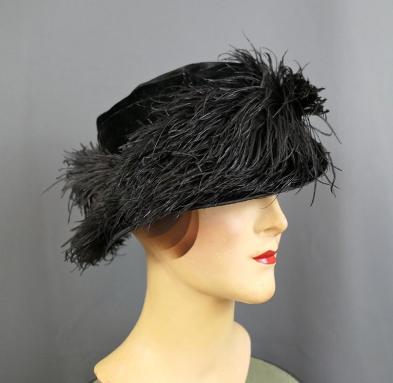 Antique Edwardian 1910s 1920s Hat Black Velvet Wi… - image 5