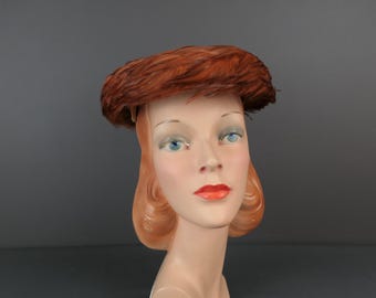 Vintage Orange brown Feather Hat, 1950s Mushroom, 21 inch head