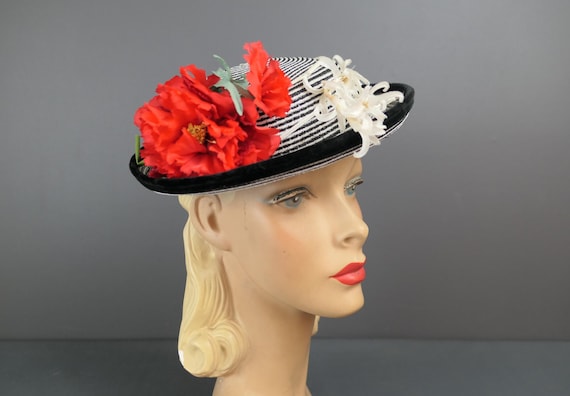 Vintage Black & White Straw Hat With Red Flowers, 1950s Tilt 