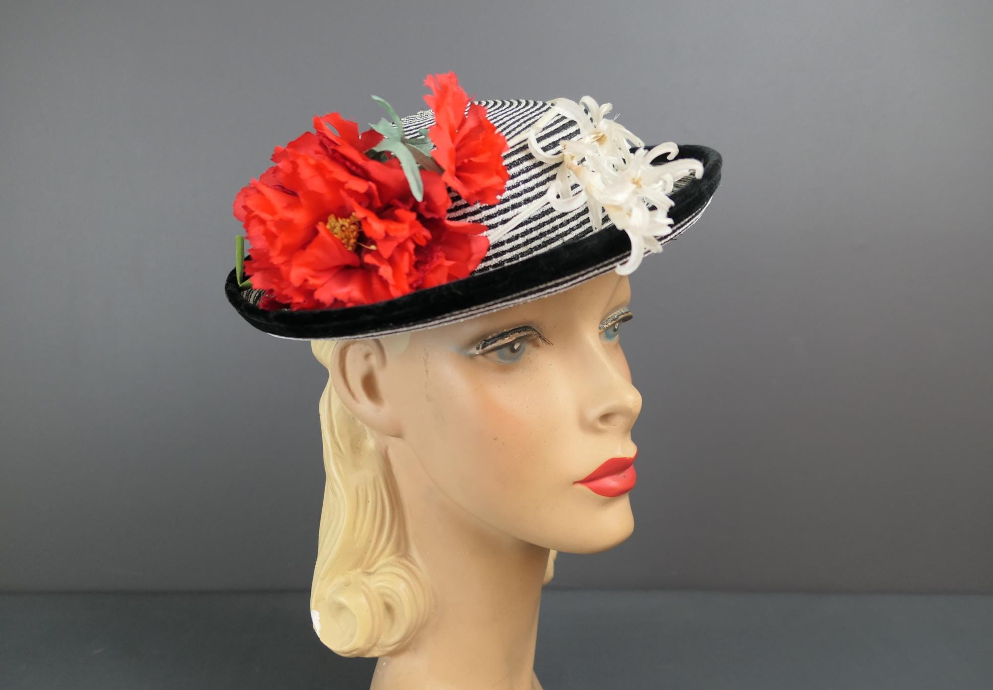 Chanda Boutique Black Hat Red pin Straw Netting Lined Combs Pillbox Hat Vintage P1240890__09231.1760734944.JPG?c=2 main image 3