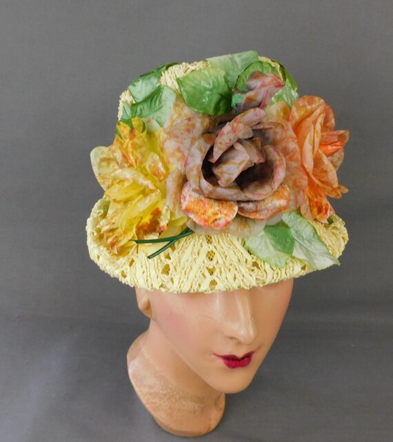 Vintage Yellow Straw Floral Hat 1960s Large Flowe… - image 4