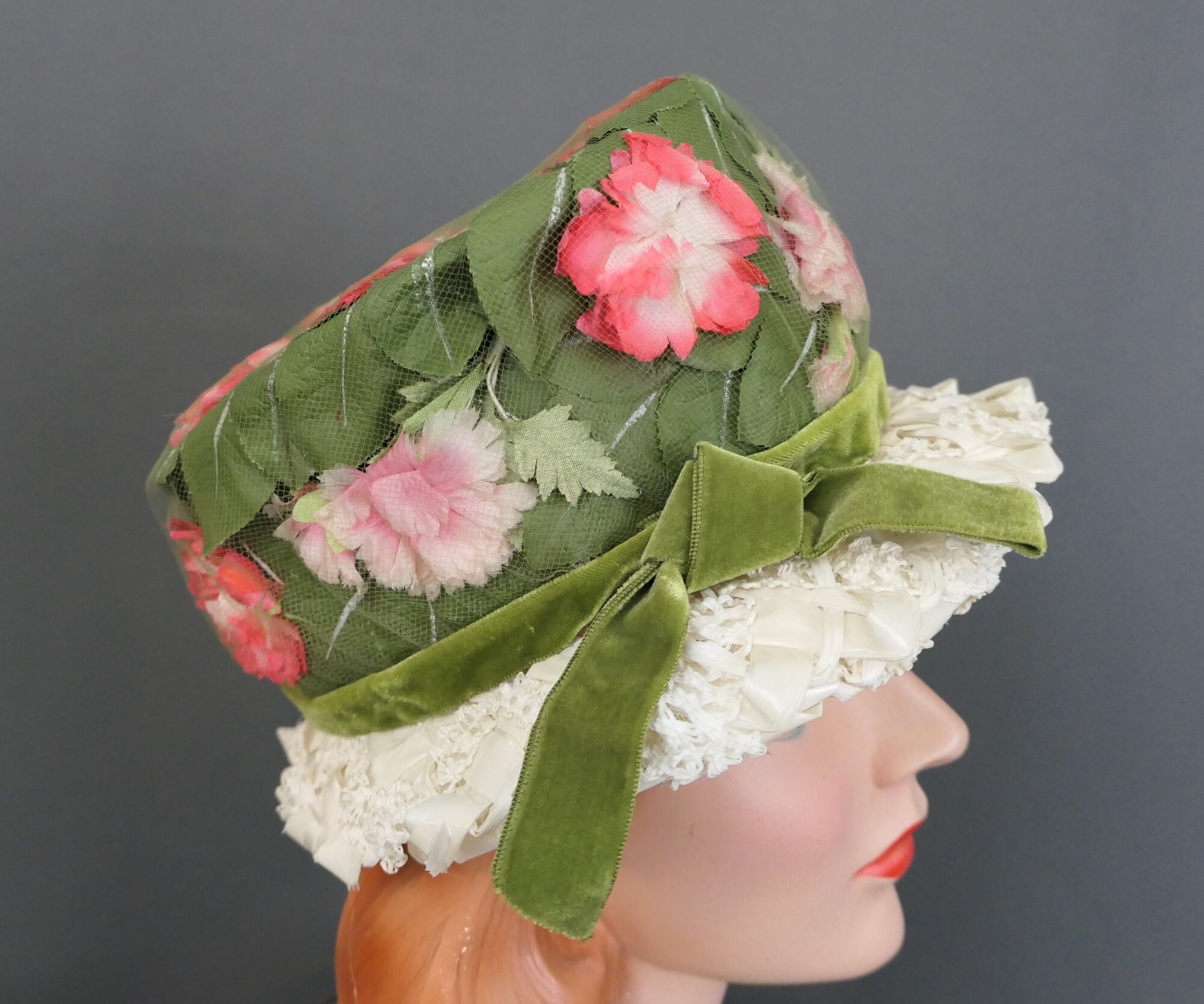 Vintage Danali\'s Originals 50s Pink Ruffled Flower Velvet Cap Hat M/L Vintage Burgundy and Pink Floral Hat, 1950s Velvet Buds  main image 4