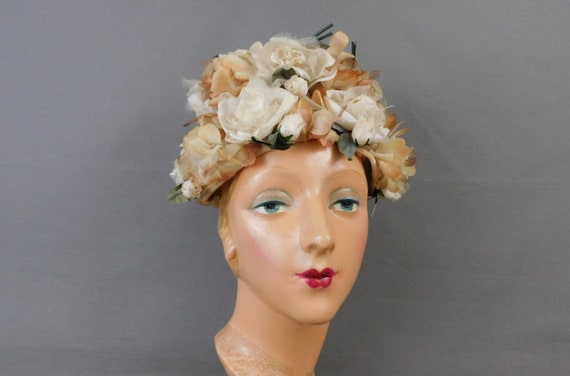 Vintage Ivory and Beige Floral Hat 1960s, Modern … - image 1