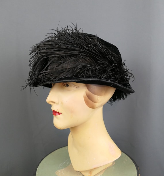 Antique Edwardian 1910s 1920s Hat Black Velvet Wi… - image 3