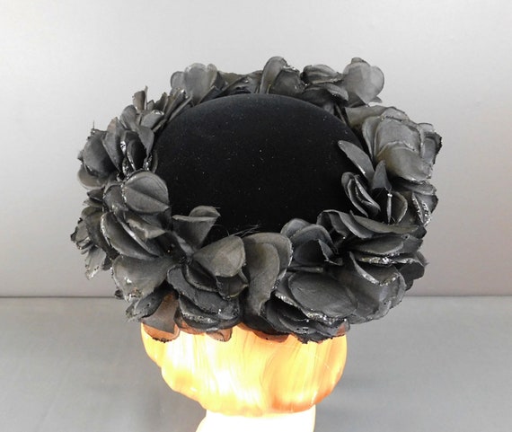 Vintage Black Velvet Hat with Glitter Flowers, 19… - image 6