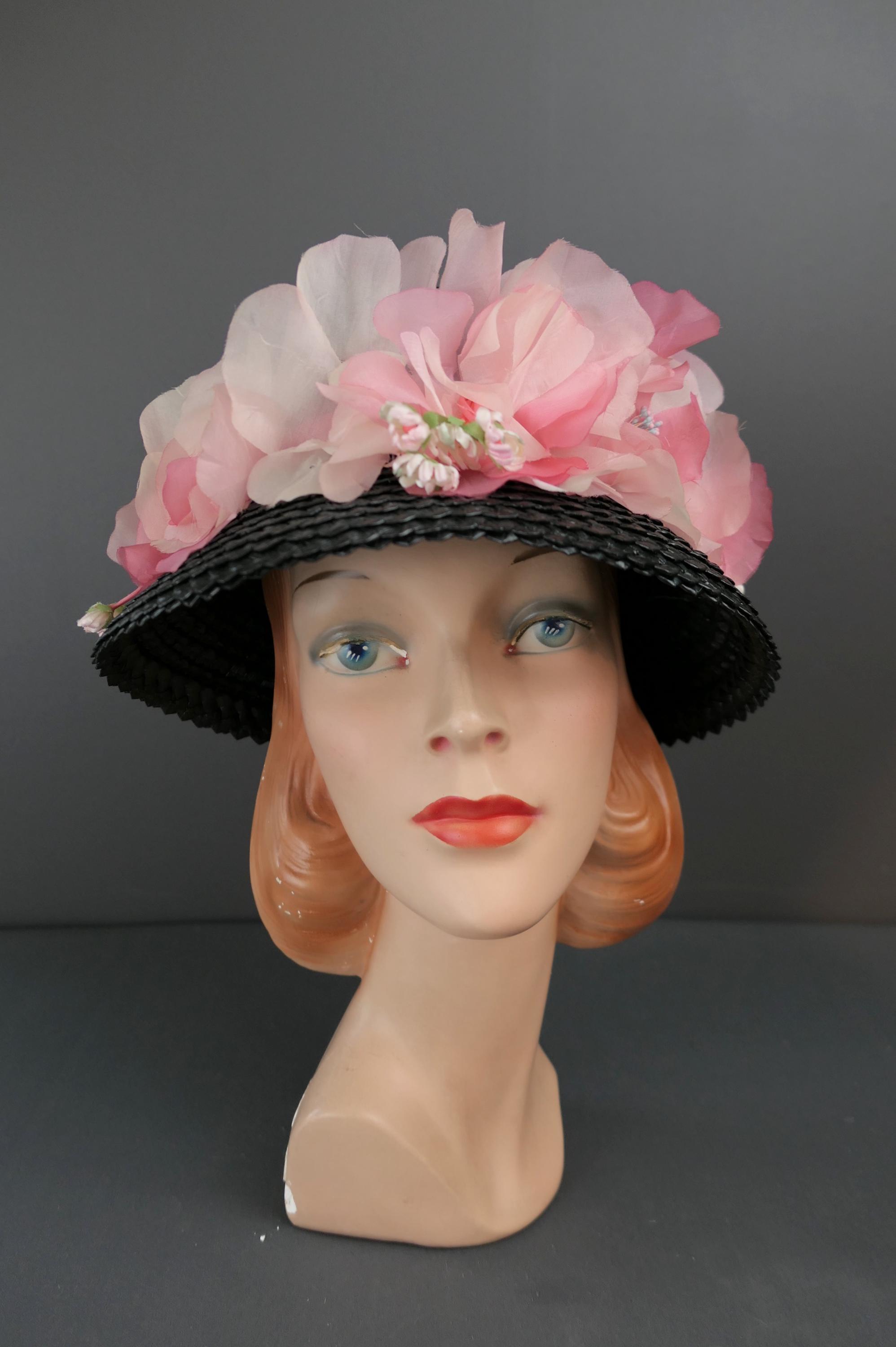 Vintage Black Straw Hat Pink Petal Swag Vintage Black Straw Bucket Hat with Pink Flowers & Velvet  main image 3