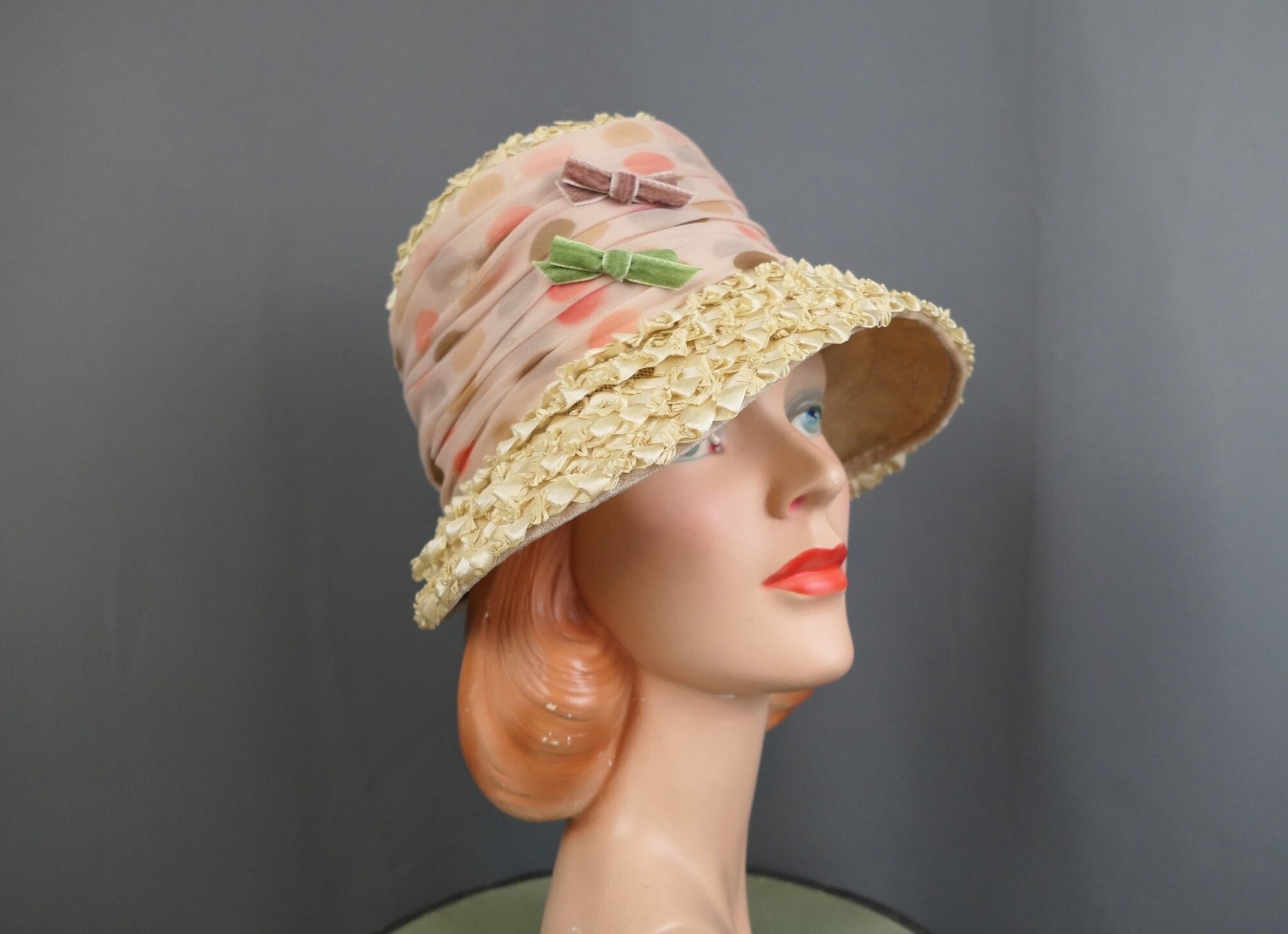 Vintage Ivory Straw Hat With Polka Dotted Scarf & Bows  display picture 3