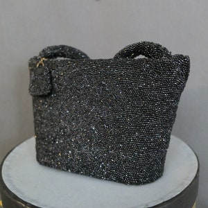 Vintage Black Beaded Evening Purse 1930s 1940s Sparkle Party Bag 8x6 inches image 5