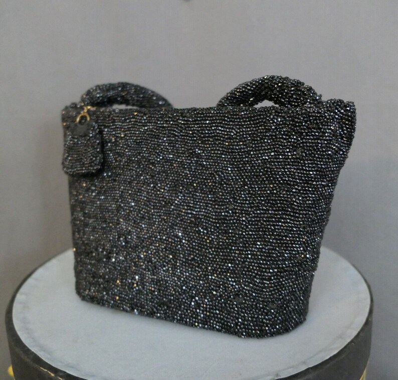Vintage Black Beaded Evening Purse 1930s 1940s Sparkle Party Bag 8x6 inches image 5
