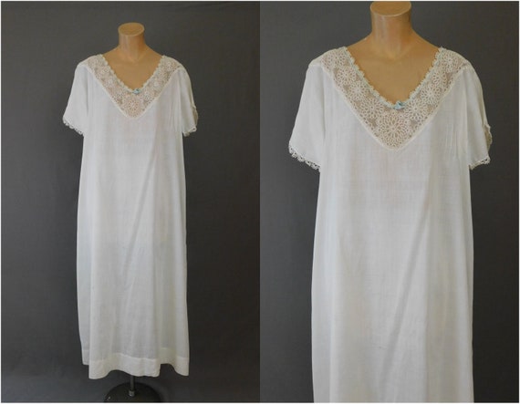 Vintage Edwardian Nightgown, 1900s White Cotton w… - image 1
